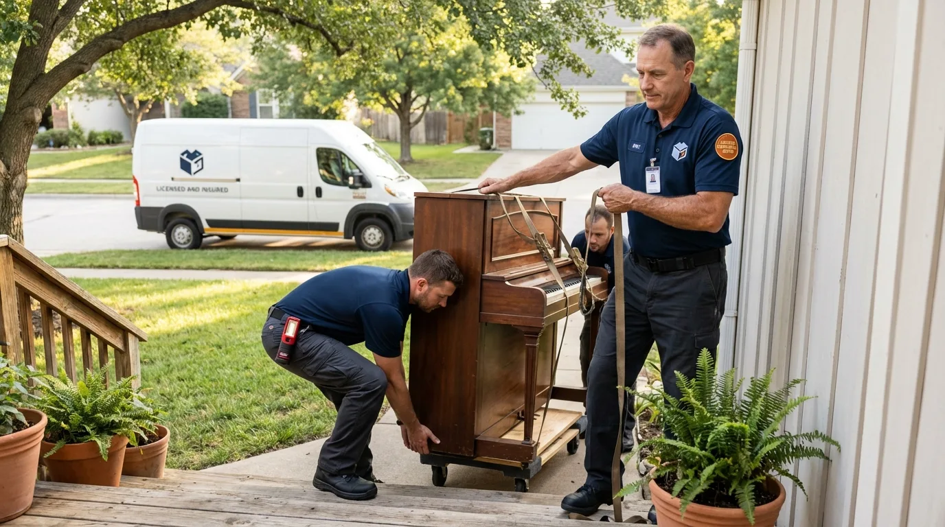Licensed piano movers securing grand piano in Greenwich, NY