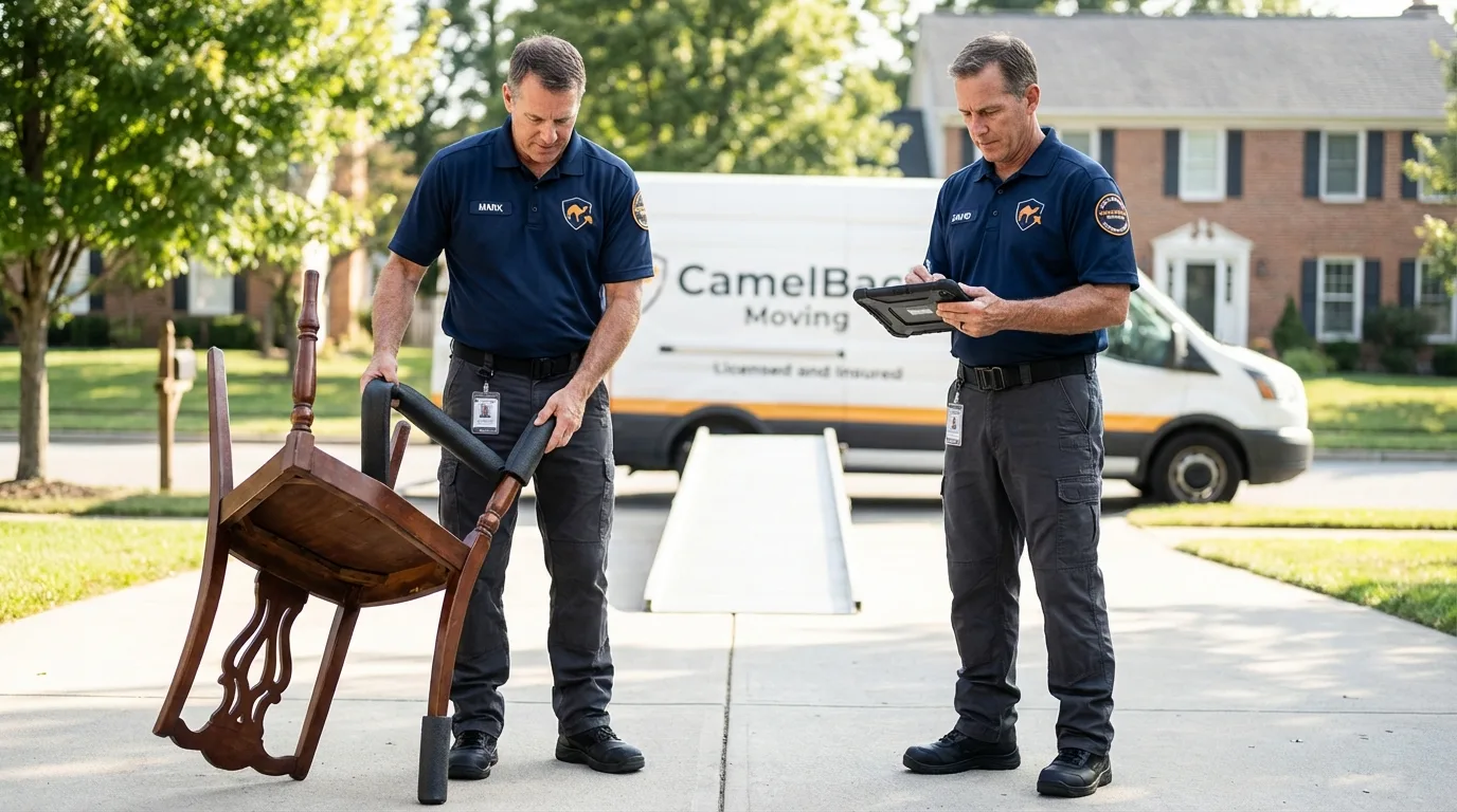Movers inspecting furniture for damage prevention before loading in Greenwich, NY