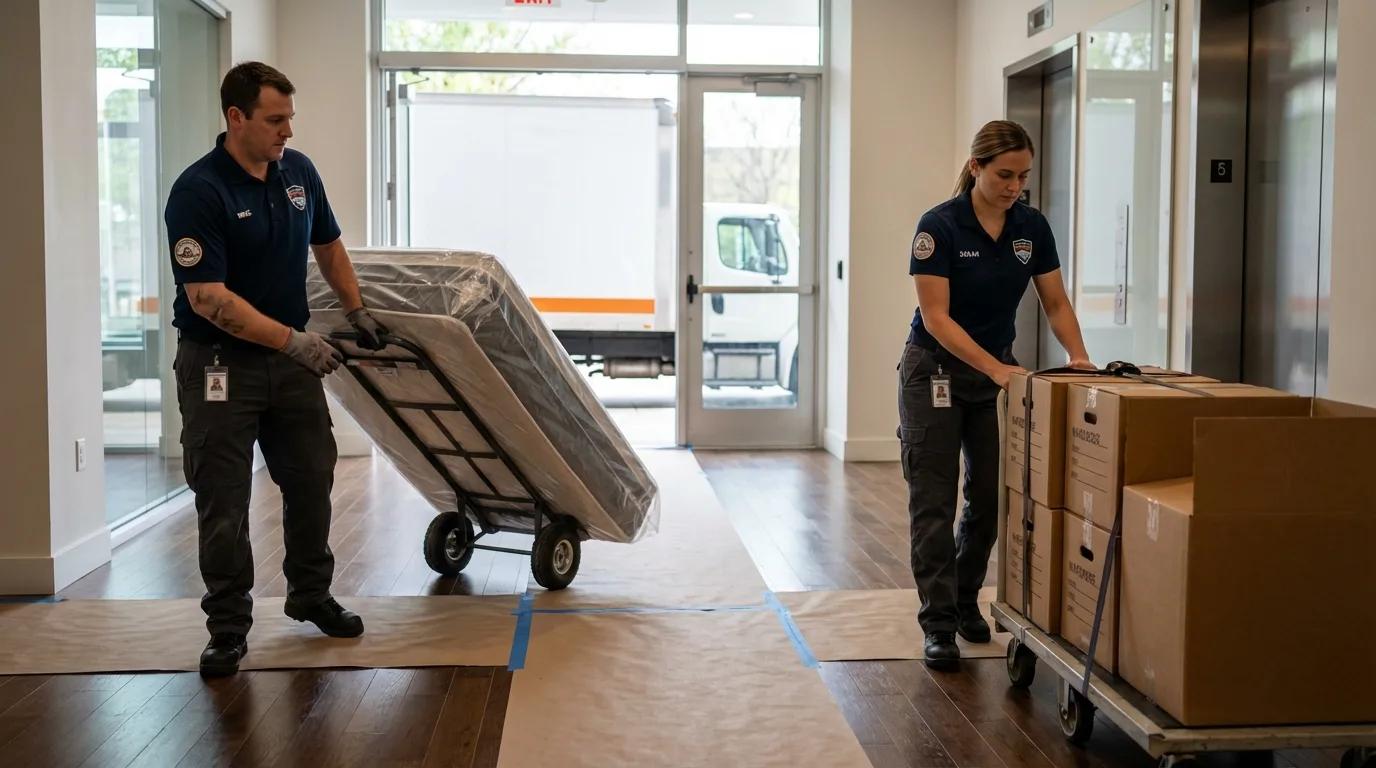Professional apartment movers loading elevator in Greenwich, NY