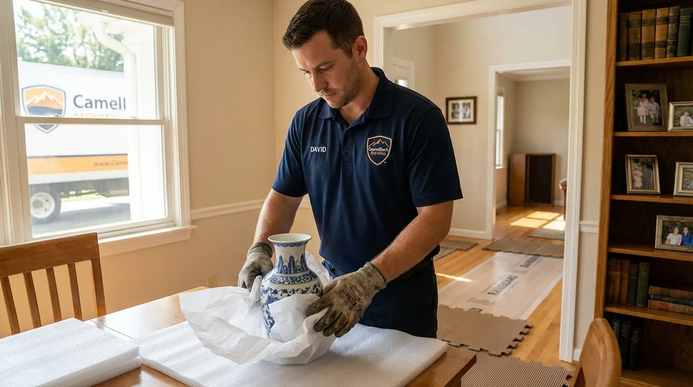 Professional crew carefully wrapping antique vase for senior downsizing move in Greenwich, NY