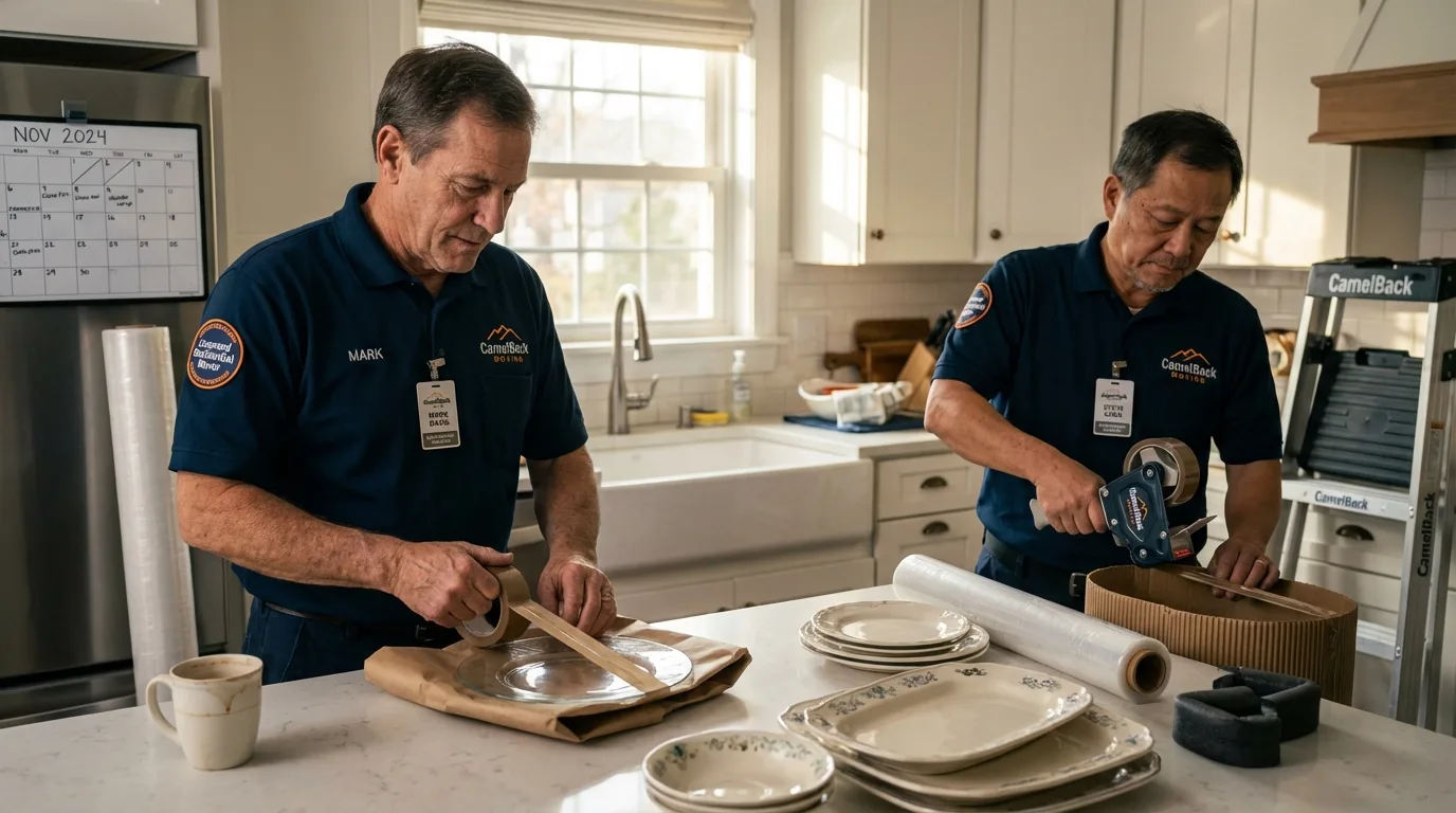 Professional crew packing kitchen dishware in Greenwich, NY